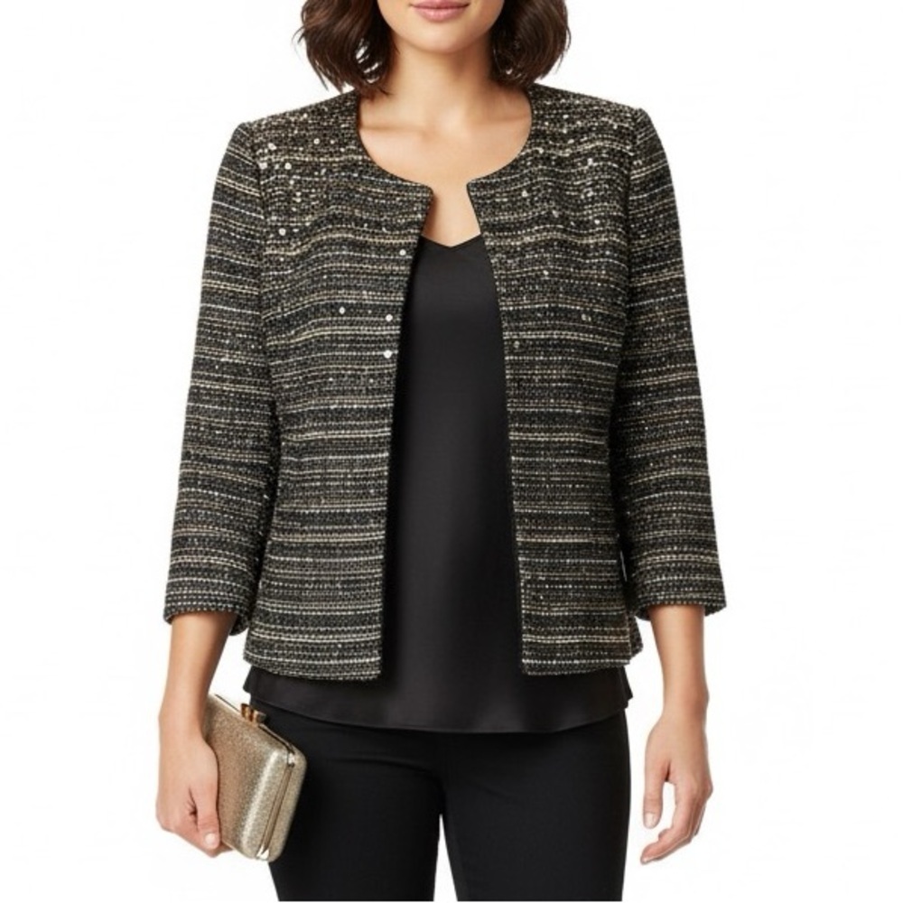 NWT Pleione Tweed Embellished Bellatrix Open Front Blazer Jacket Sz M